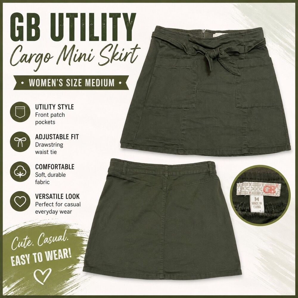 GB Olive Green Utility Cargo Mini Skirt Women's Size Medium Drawstring
